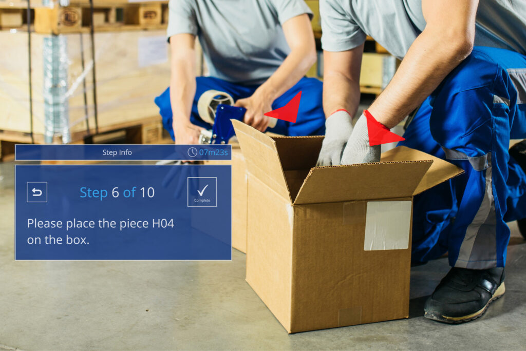 Warehouse background with two workers filling out boxes with overlayed augmented reality screen that points out the next step to follow.