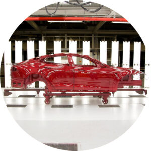 Red automotive car in manufacturing